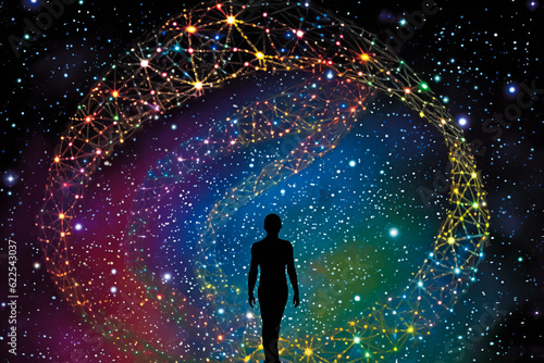 Stunning human silhouette filled with galaxies, pierced by DNA strand; depicting quantum biology through ravishing cosmic bodies against rich black void. Generative AI
