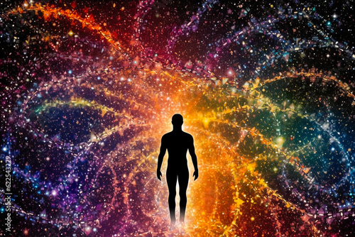 Mystical human silhouette filled with stars and galaxies intertwined with a DNA strand; contrastive hues of deep space black and radiant cosmic bodies. Generative AI
