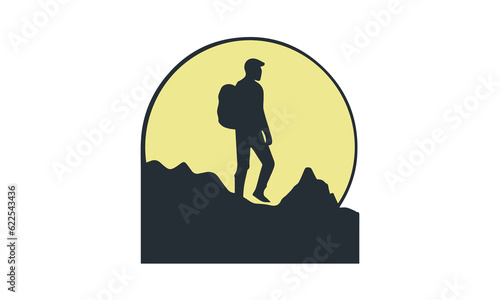 Mountain climber hiking or trekking with backpack walking in mountain silhouette mountain logo
