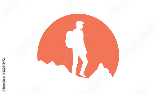Mountain climber hiking or trekking with backpack walking in mountain silhouette mountain logo