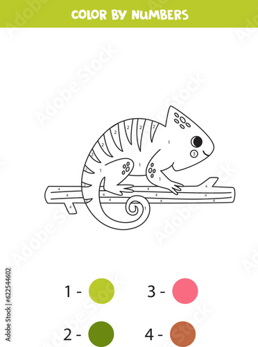 Color cartoon lizard by numbers. Worksheet for kids.