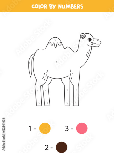 Color cartoon camel by numbers. Worksheet for kids.