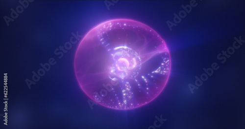 Abstract purple energy sphere with flying glowing bright particles, science futuristic atom with electrons hi-tech background