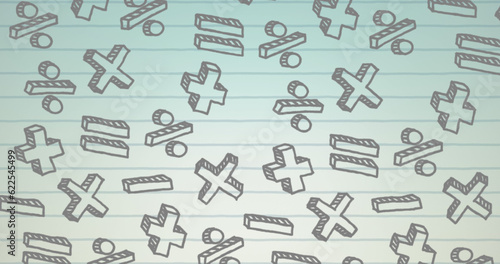 Image of multiple mathematical symbols floating against white lined paper background