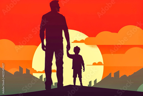 Minimalist retro styled image capturing the essence of paternal love. Father and son  hand in hand  perfect for celebrating Father s Day. Generative AI