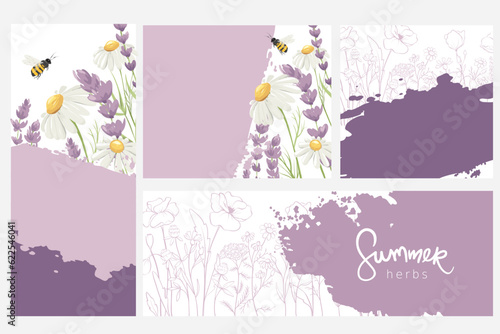 Set of labels or invitation cards with honey herbs. Vector design element, lavender and chamomile,  medicinal herbs, calligraphy lettering. EPS 10.