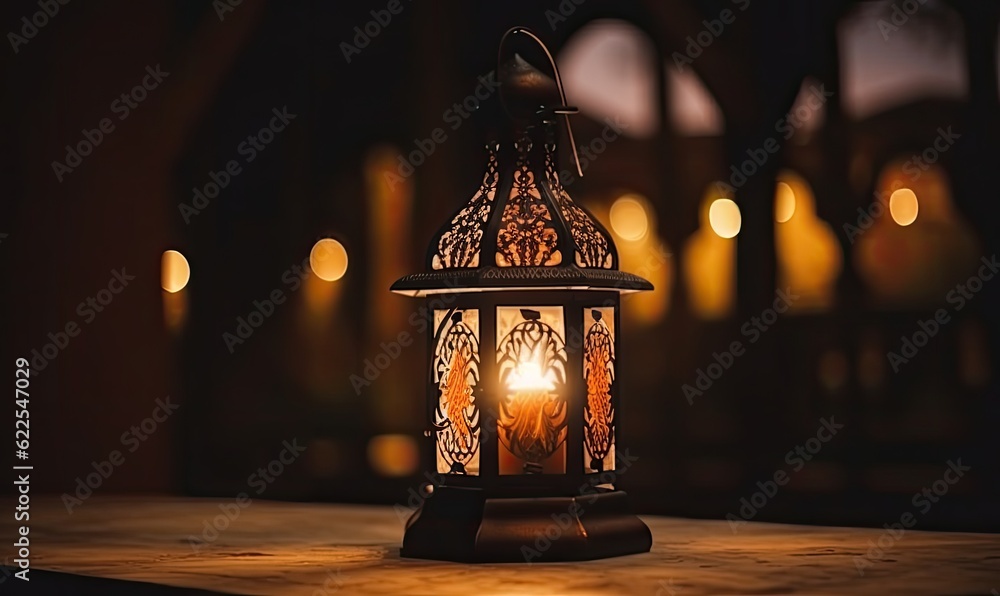 Brightly lit Arabic lantern with a candle flame flickering inside Creating using generative AI tools Brightly lit Arabic lantern with a candle flame flickering inside Creating using generative AI tools