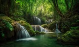 Serene waterfall flows through the lush depths of the forest Creating using generative AI tools