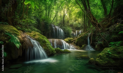 Serene waterfall flows through the lush depths of the forest Creating using generative AI tools © uhdenis