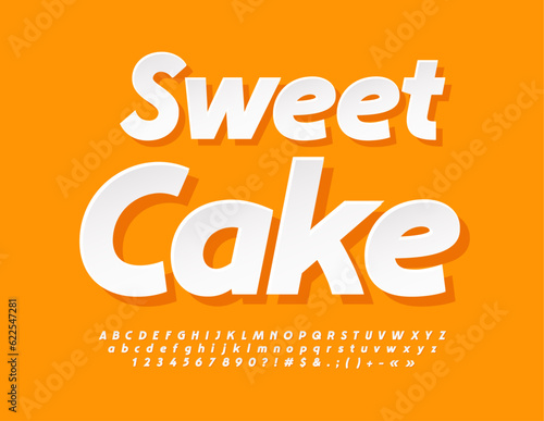 Vector bright Logo Sweet Cake. Stylish White Font. Sticker style Alphabet Letters, Numbers and Symbols. 