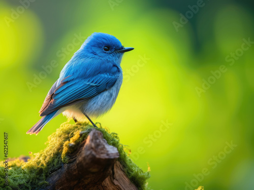 Ultramarine Flycatcher sitting on a branch against a green background © Venka