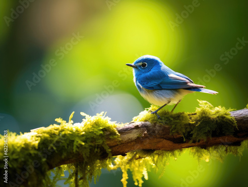 Ultramarine Flycatcher sitting on a branch against a green background