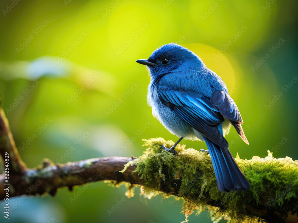 Ultramarine Flycatcher sitting on a branch against a green background