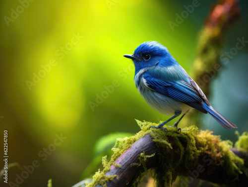 Ultramarine Flycatcher sitting on a branch against a green background © Veniamin Kraskov