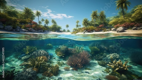 Split View of a Tropical Island and Its Vibrant Coral Reef