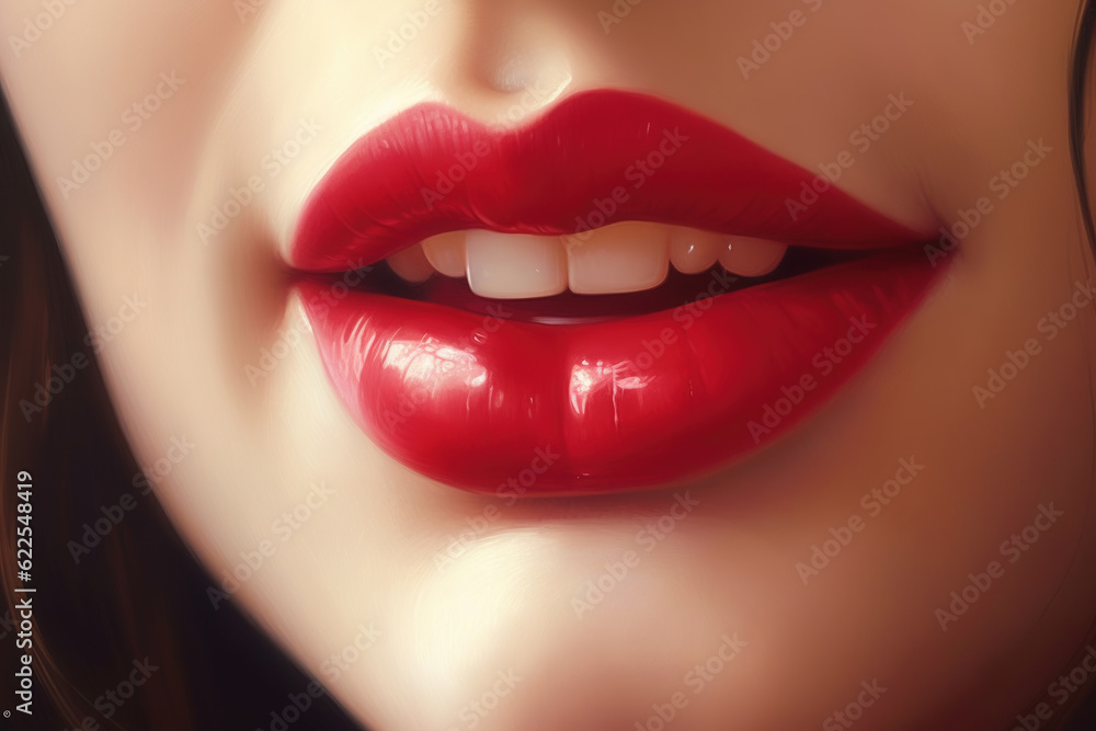 Close up view of beautiful girl lips with red glossy lipstick. Open mouth with white teeth. Cosmetology or fashion makeup concept. Beauty studio shot. Generative ai Close up view of beautiful girl lips with red glossy lipstick. Open mouth with white teeth. Cosmetology or fashion makeup concept. Beauty studio shot. Generative ai