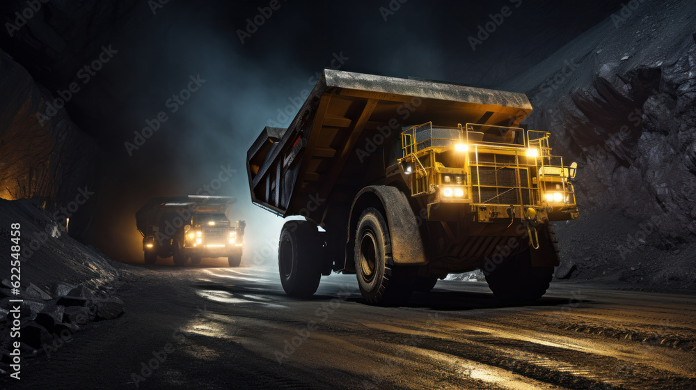 Large quarry dump truck in coal mine at night. Loading coal into body work truck. Mining equipment for the transportation of minerals. Large quarry dump truck in coal mine at night. Loading coal into body work truck. Mining equipment for the transportation of minerals.