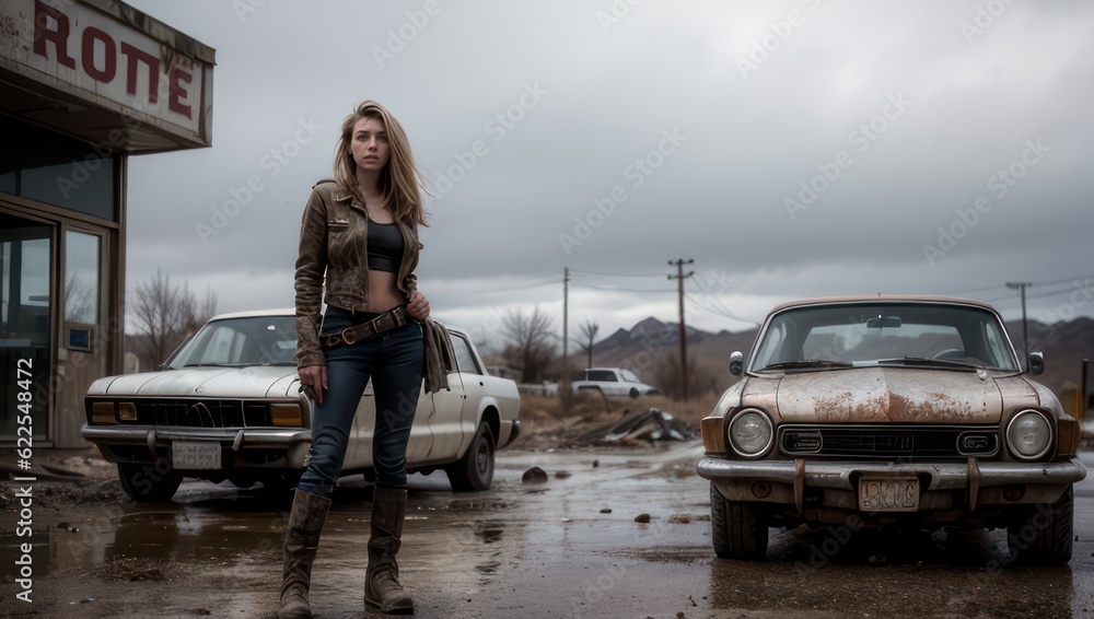 Post-apocalyptic young woman wastelander, stands next to rusted car at an abandoned gas station, desolate landscape. Generative AI Post-apocalyptic young woman wastelander, stands next to rusted car at an abandoned gas station, desolate landscape. Generative AI