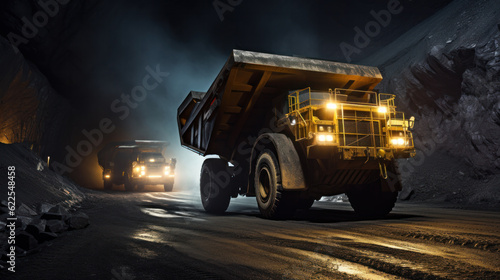 Large quarry dump truck in coal mine at night. Loading coal into body work truck. Mining equipment for the transportation of minerals.