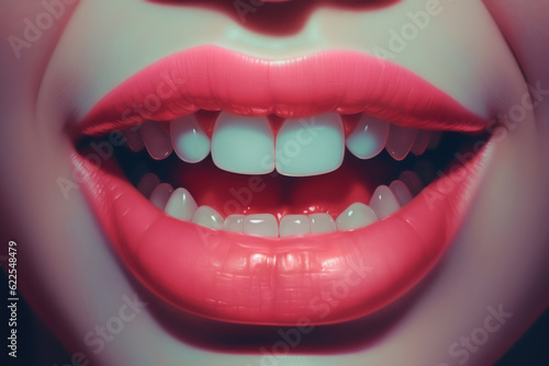Close up view of beautiful young woman lips with pink glossy lipstick. Open mouth with white teeth. Cosmetology or fashion makeup concept. Beauty studio shot. Generative ai