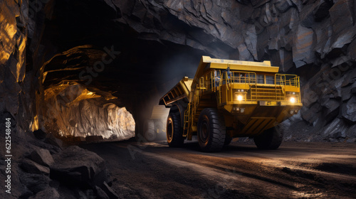 Foto Large quarry dump truck in coal mine at night