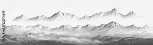 Hand drawn mountain range nature landscape. Greyscale abstract panorama with rocky mountains skyline. Vector illustration.