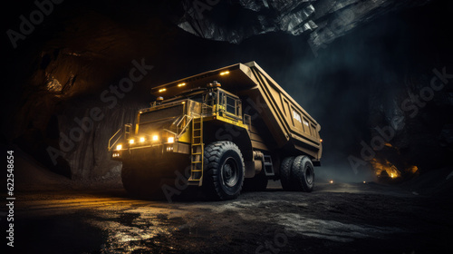 Large Yellow Dump Trucks transporting coal for processing at night