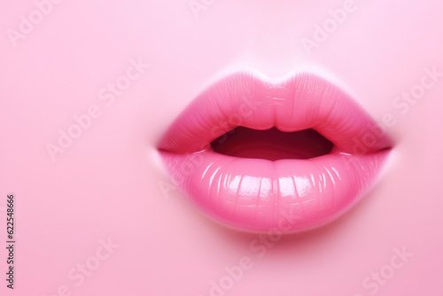 The close up of woman mouth shows the beautiful and sensual beauty of pink lips. Makeup and lip gloss are sexy and glamorous in detail. Generative ai Rose background, copy space photo