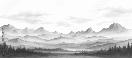 Hand drawn mountain range nature landscape. Greyscale abstract panorama with rocky mountains skyline. Vector illustration.