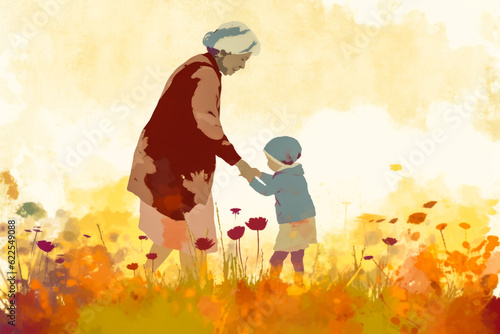 Impressionistic, intimate depiction of grandmother with grandchild, radiating warmth and the respect for older generations. Ideal for Grandmothers Day promotions. Generative AI