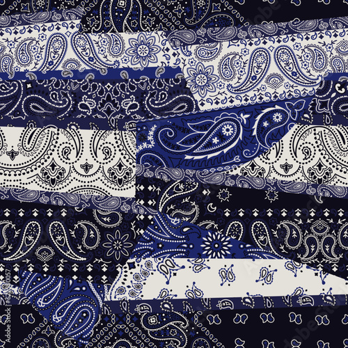 Blue striped paisley bandana fabric patchwork abstract vector seamless pattern