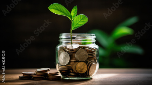 Glass jar with coins and green seedling on soil against blurred background