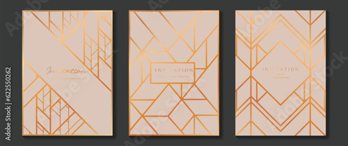 Luxury invitation card background vector. Golden elegant geometric shape, gold lines on light color background. Premium design illustration for wedding and vip cover template, poster, gala, wedding.