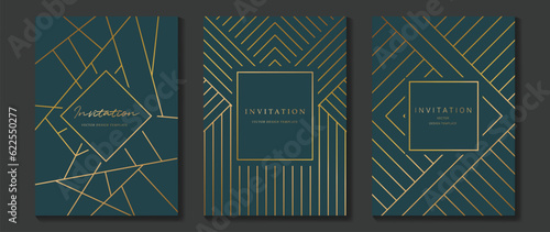 Luxury invitation card background vector. Golden elegant geometric shape, gold lines on green background. Premium design illustration for wedding and vip cover template, banner, poster, gala, wedding.