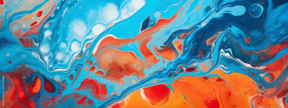 Abstract marbling oil acrylic paint background illustration art wallpaper - Orange blue color with liquid fluid marbled paper texture banner painting texture (Generative Ai)
