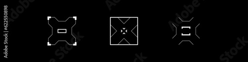 Cyberpunk style rectangle aim set. Cyber targets, aims, sights, and crosshairs. A pack of GUI futuristic square targets. A vector collection of cyberpunk style elements.