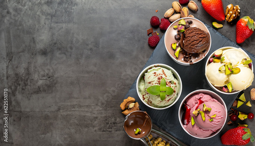 Tubs of fresh fruit with ice cream and ingredients including, chocolate, berries, walnuts, pistachio and a metal scoop for serving on slate with copy space, top down view