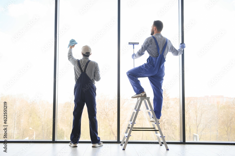 back view of multicultural professional workers washing large panoramic windows in office
