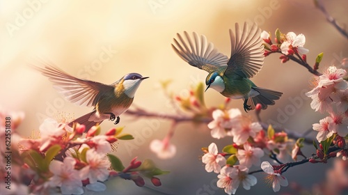 The bird standing on cherry blossom branch © jambulart