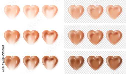 Heart shaped cream foundation makeup. Glossy transparent cosmetic smear. Sunblock liquid base stroke. Body mask abstarct sample palette.