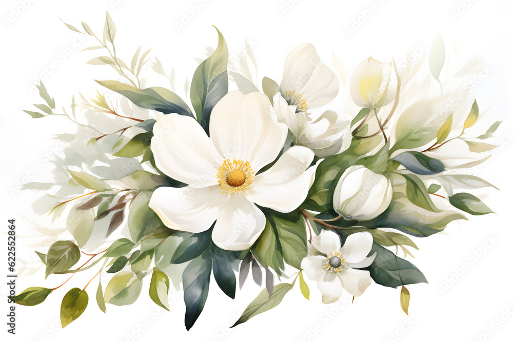 watercolour bouquet of white flowers on white background for wedding stationary invitations, greetings, wallpapers, fashion, prints