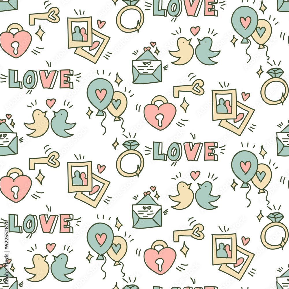 Wedding background. Seamless pattern with wedding elements to determine the arrival time of guests. Wedding symbols. Handmade cartoon wedding symbols, love, proposal. Contour icons with fill Packaging Wedding background. Seamless pattern with wedding elements to determine the arrival time of guests. Wedding symbols. Handmade cartoon wedding symbols, love, proposal. Contour icons with fill Packaging
