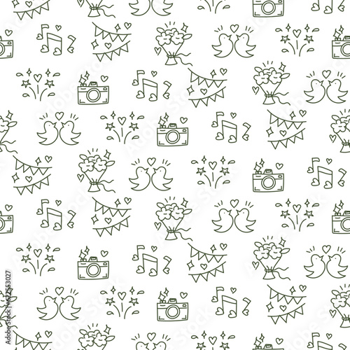 Wedding background. Seamless pattern with wedding elements to determine the arrival time of guests. Wedding symbols. Cartoon contour handmade wedding symbols on a white. Contour icons. Print
