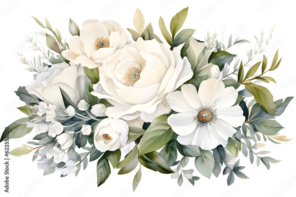 watercolour bouquet of white flowers on white background for wedding stationary invitations, greetings, wallpapers, fashion, prints
