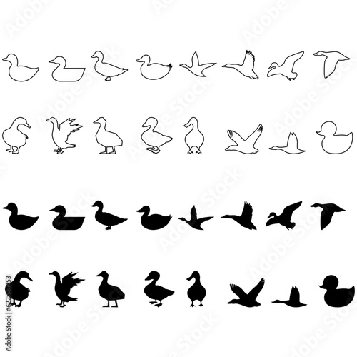 Duck icon vector set. Bird illustration sign collection. Hunting symbol. Goose logo.