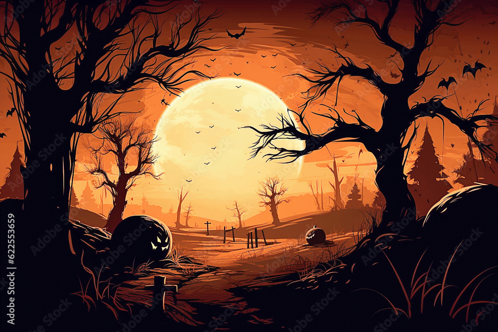 Ai generative.  Halloween background with creepy landscape of night sky.