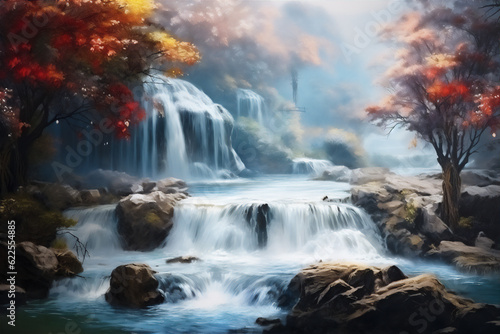 Scenic view of waterfall in autumn in forest, create using generative AI tools © Maizal