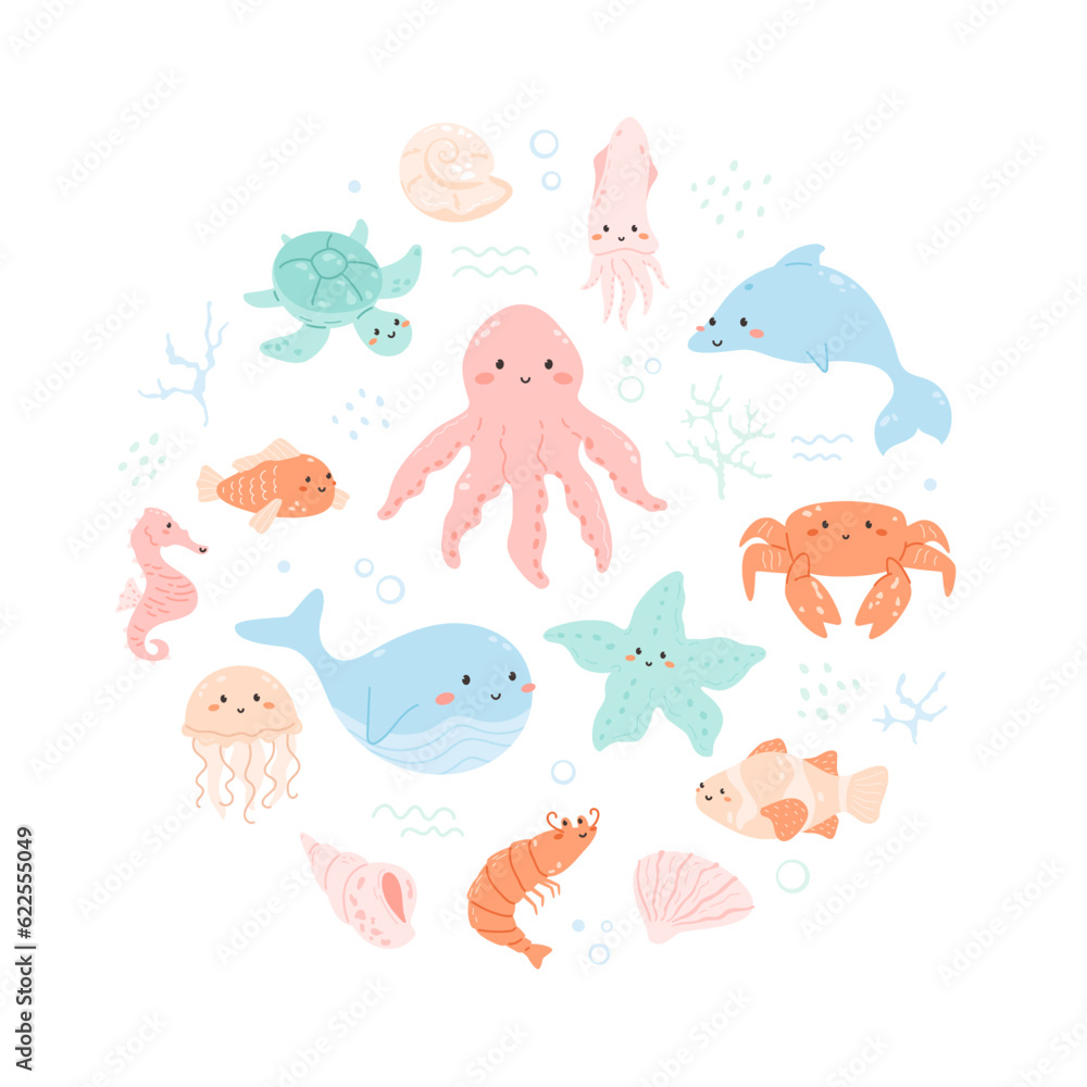 Cute marine animals in circle arrangement. Under the sea world, aquatic characters with pretty manga face. Octopus, whale, crab, funny shrimp, squid and many water creatures. Vector illustration Cute marine animals in circle arrangement. Under the sea world, aquatic characters with pretty manga face. Octopus, whale, crab, funny shrimp, squid and many water creatures. Vector illustration