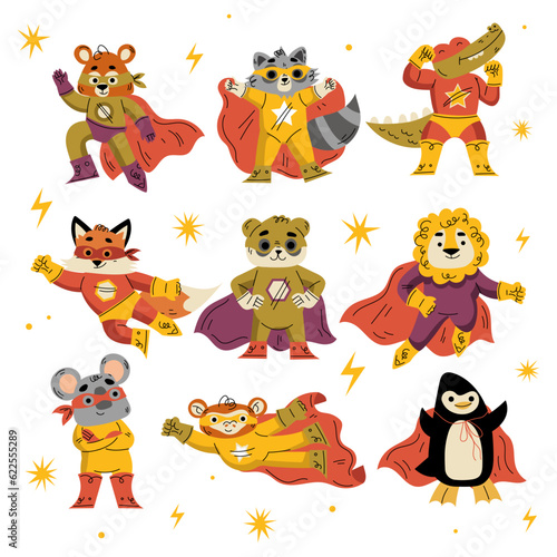 Animal Characters Superhero Dressed in Mask and Cape or Cloak Vector Set