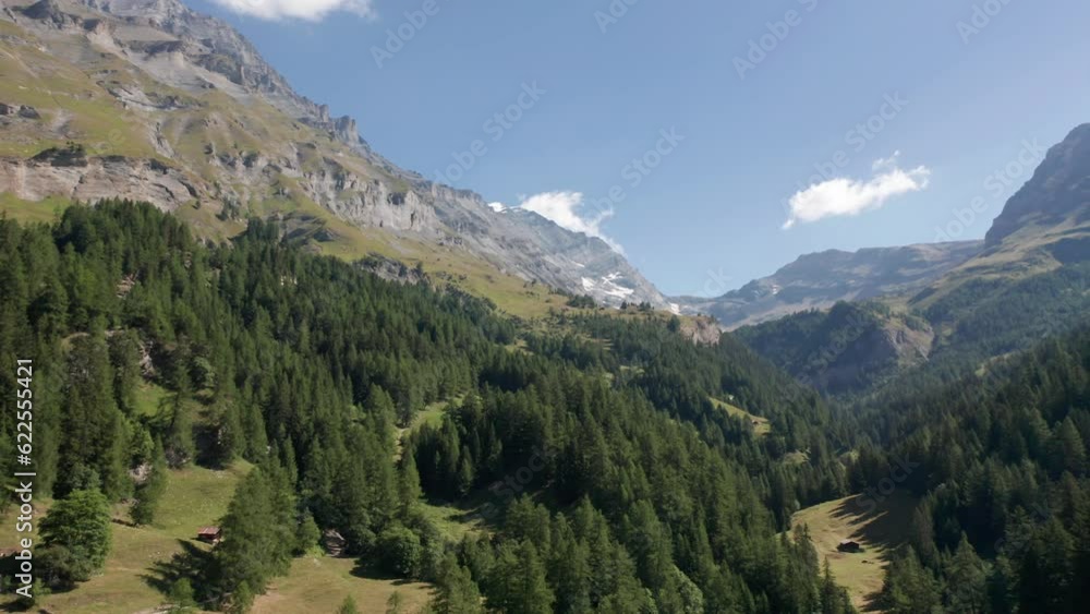 Drone flying low over treetops in Swiss mountains Drone flying low over treetops in Swiss mountains